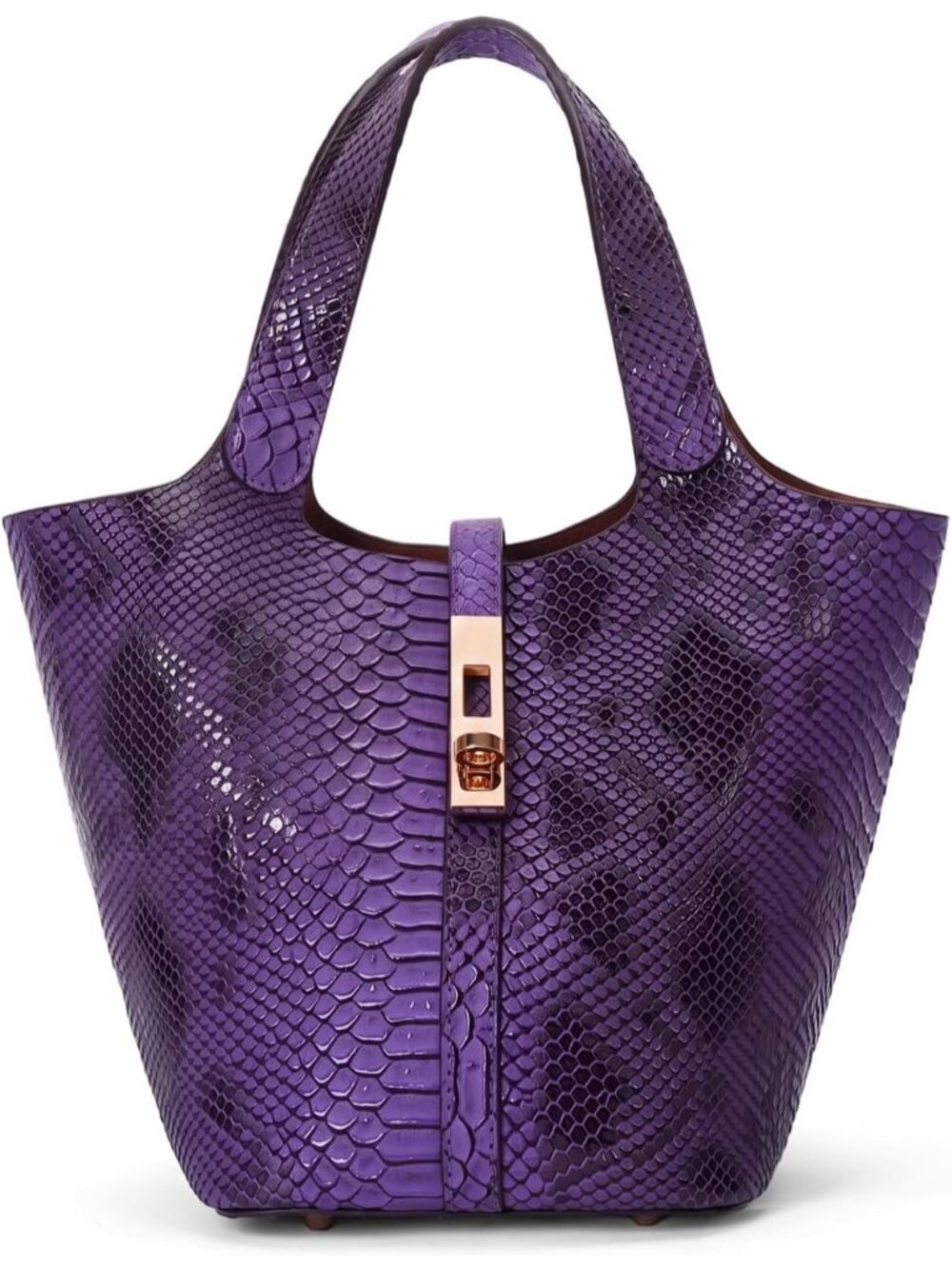 Women's Purple Vegan Leather Satchel Tote Handle Lock Design Bucket Purse